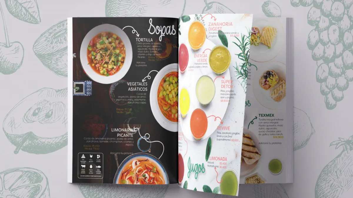 Menú para restaurante acorde a la identidad corporativa.